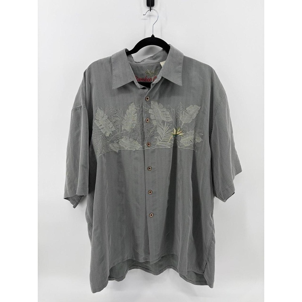 Bamboo Cay, Sage Green Embroidered Leaf, Button Up Hawaiian, Travel, Men XXL